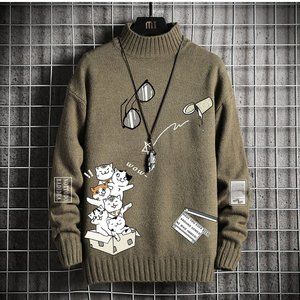 2021 Sweaters Men'S Black White Long Sleeves Autumn Winter Pullover Knitted